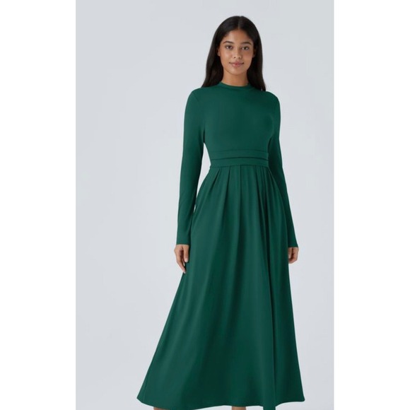 Halara long-sleeve, mock-neck, side-pocket, flare maxi casual dress green L NWT - Picture 6 of 12